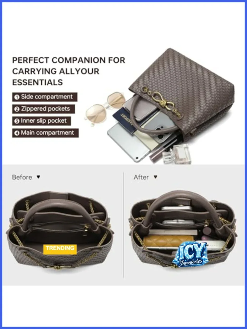 Woven Faux Leather Top Handle Purse with Adjustable Chain Strap